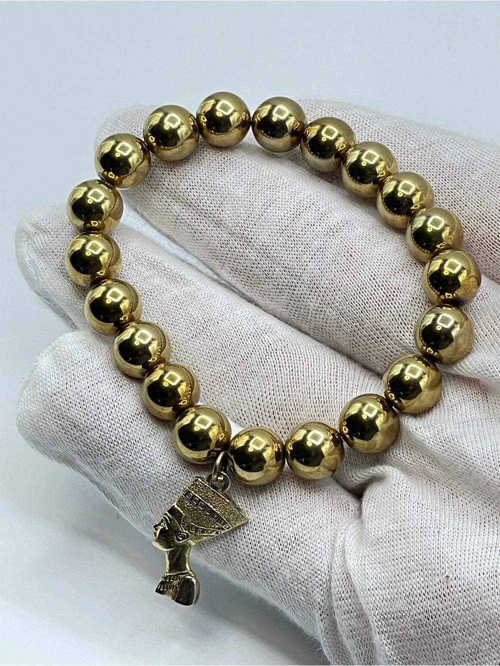 Gold Tone Nefertiti Charm Beaded Stretch Bracelet Egyptian Style